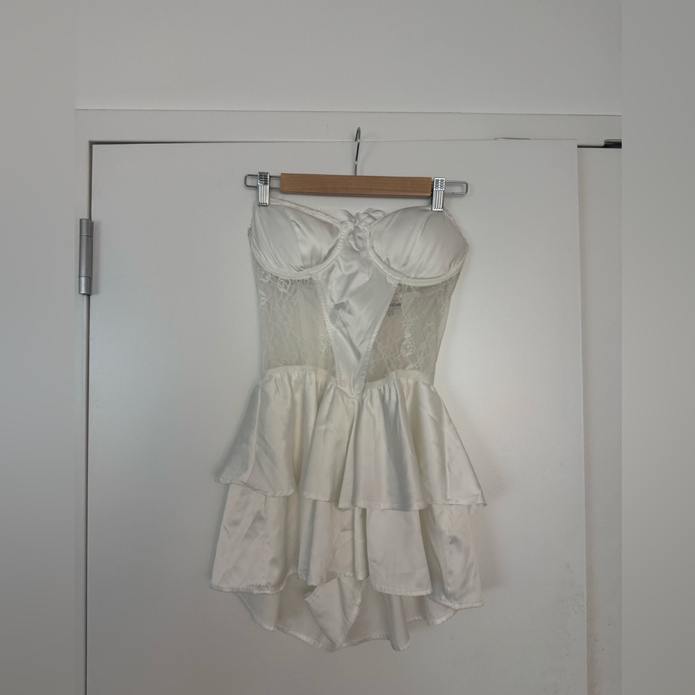 Fashion Nova Ivory Lace-Trim Strapless Satin Romper